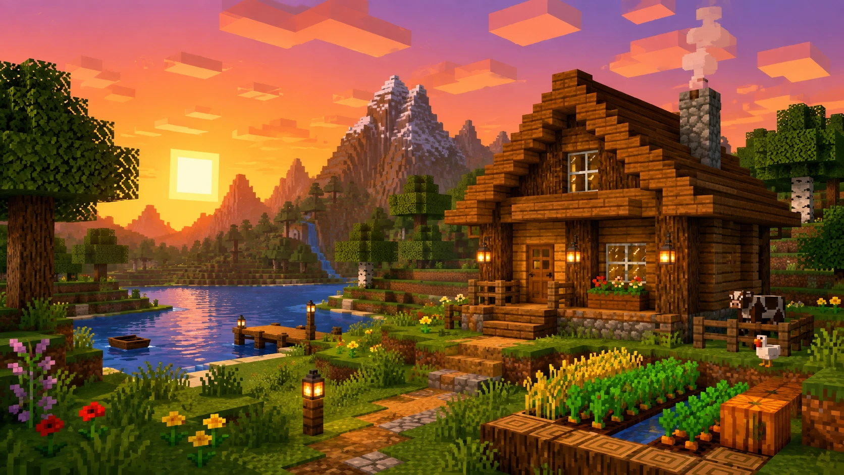 Minecraft cabin beside a lake at sunset used as the source image