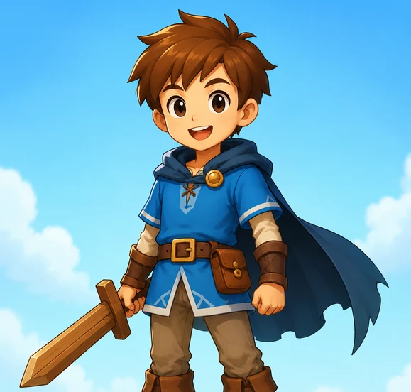 Young fantasy adventurer with a blue tunic and wooden sword used as the source image
